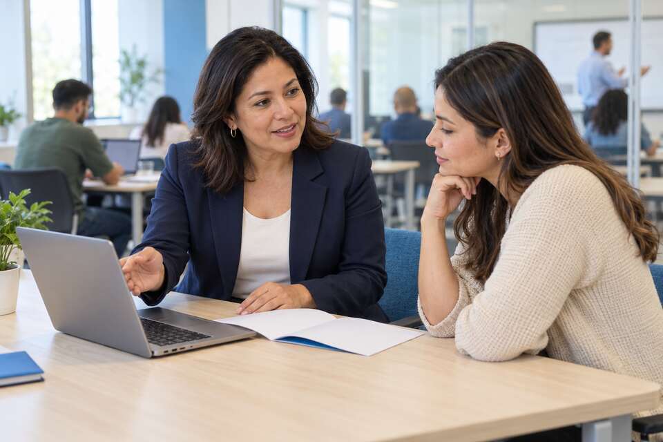 Asesora de admisiones conversando con una futura alumna junto a un portátil.