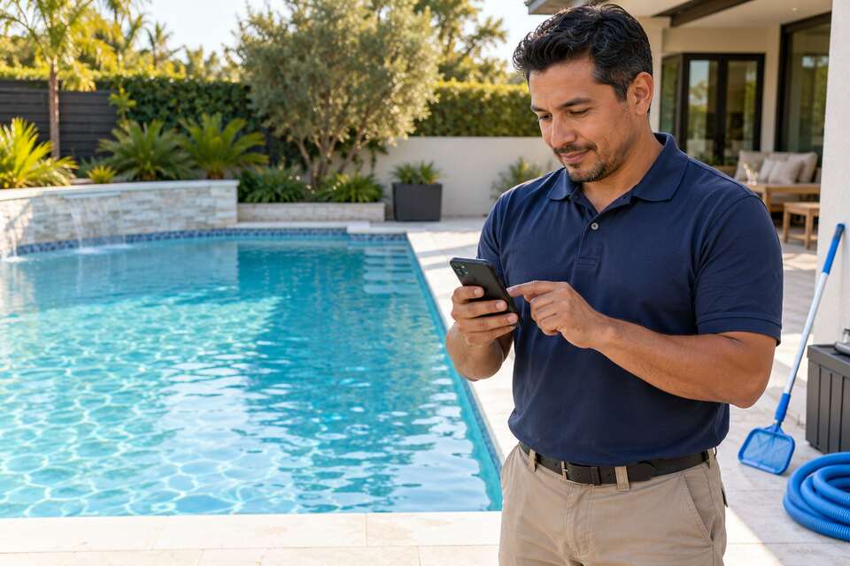 Profesional de mantenimiento usando un móvil junto a una piscina.
