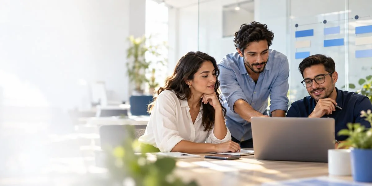 Tres personas de un equipo de marketing y ventas trabajando juntas frente a un portátil.