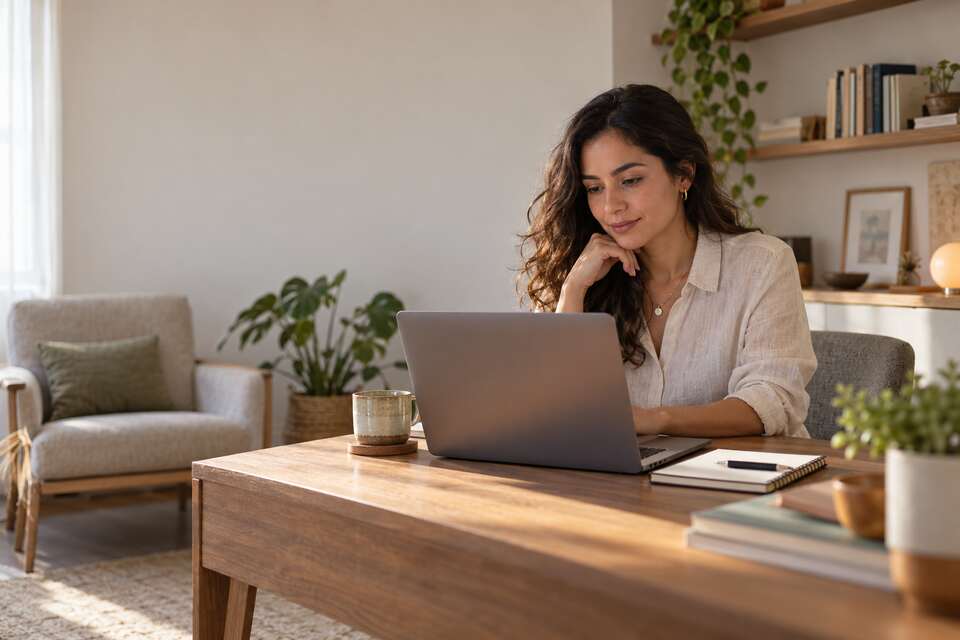 Psicóloga frente a un portátil en su espacio de consulta online.